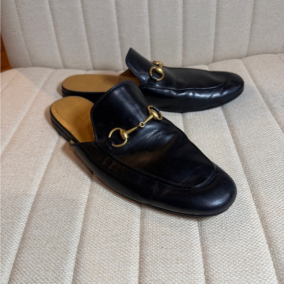 Gucci Black Leather Slip-On Loafers  Mules with Gold Detail - Picture 1 of 11